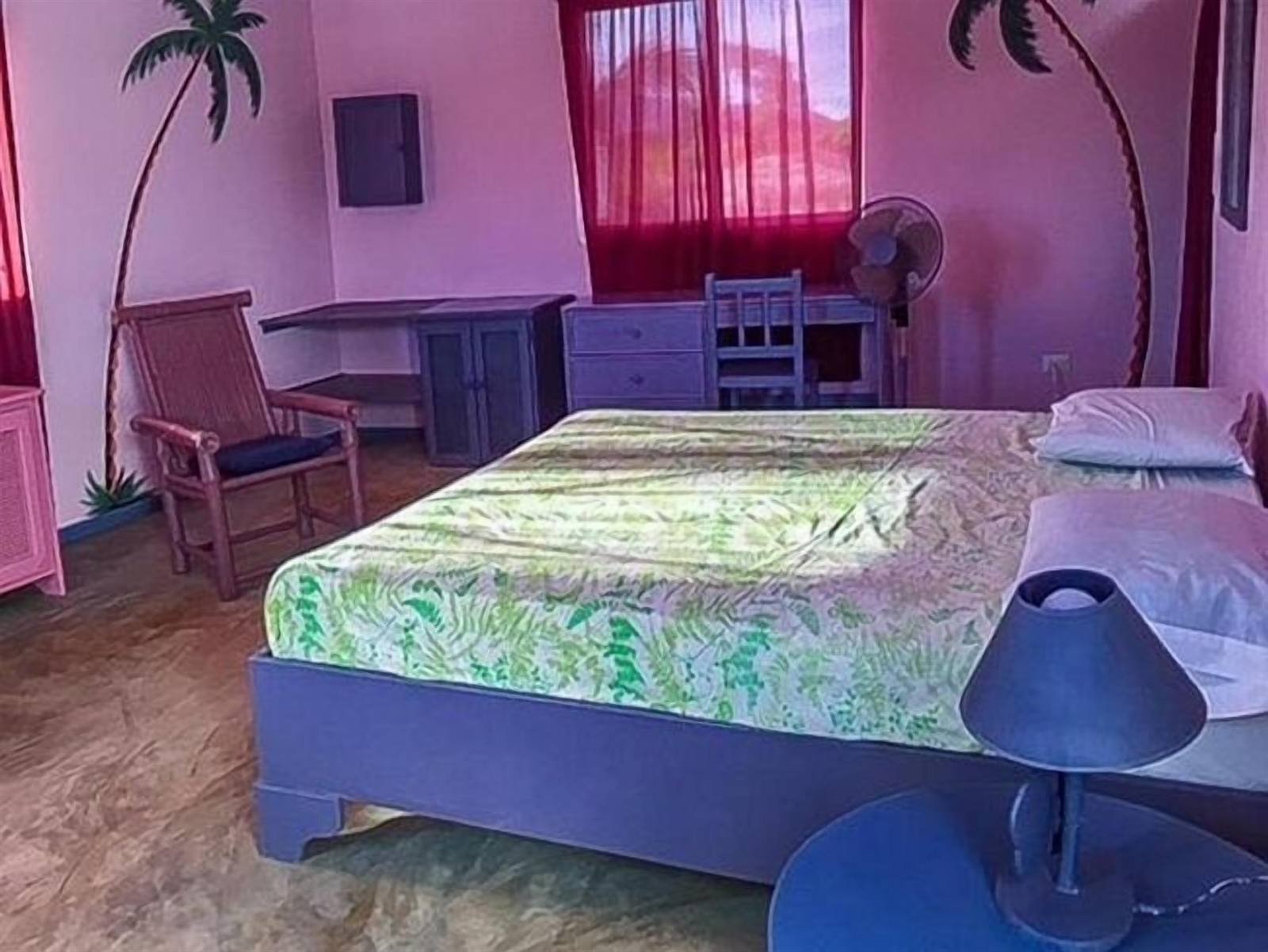 Private room with a double bed, desk, armchair and fan